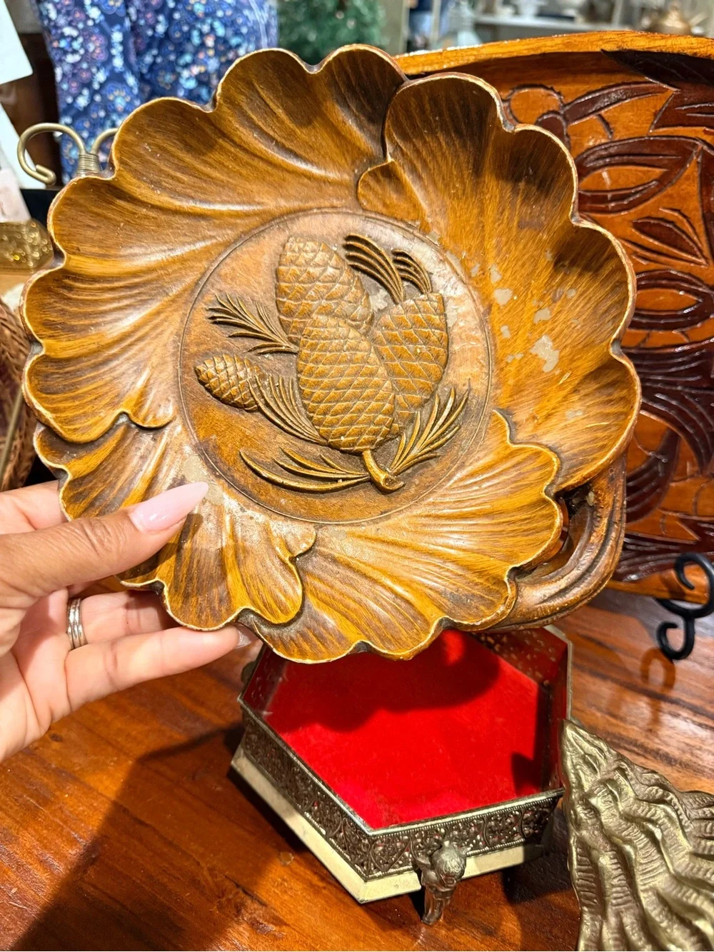 Decorative Pinecone Carved Wooden Bowl - Brown